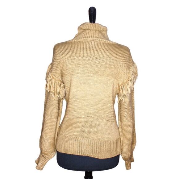 Crescent Sweater Funnel Neck Turtleneck Fringe Pullover Tan Brown S - Picture 3 of 5